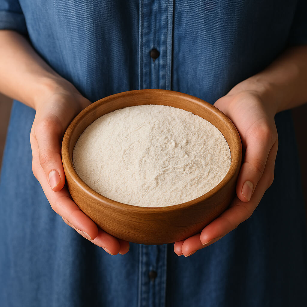 Hands holding a wooden bowl filled with white flour