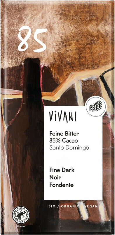 Vivani Feine Bitter Tafelschokolade 85% Kakao (Santo Domingo), Bio, vegan; Verpackung mit künstlerischem braunem Design und weißem Markenlabel