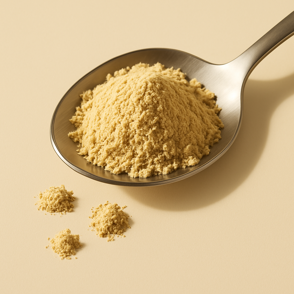 Metalske med en bunke fint gulbrunt pulver på beige baggrund