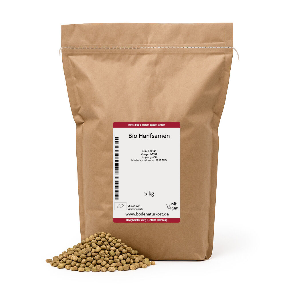 5kg organic hemp seeds in a brown paper bag