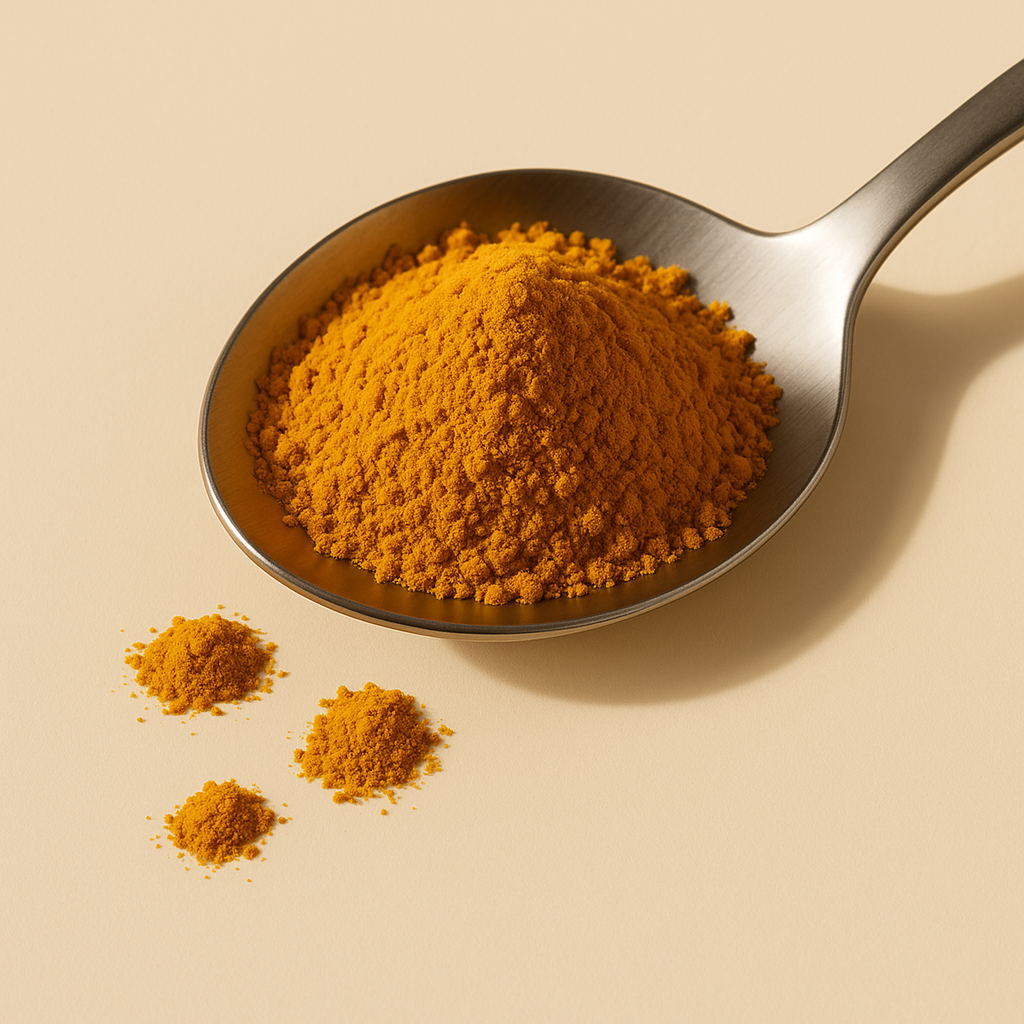 Ske med fint malet gurkemejepulver og tre små bunker på beige baggrund