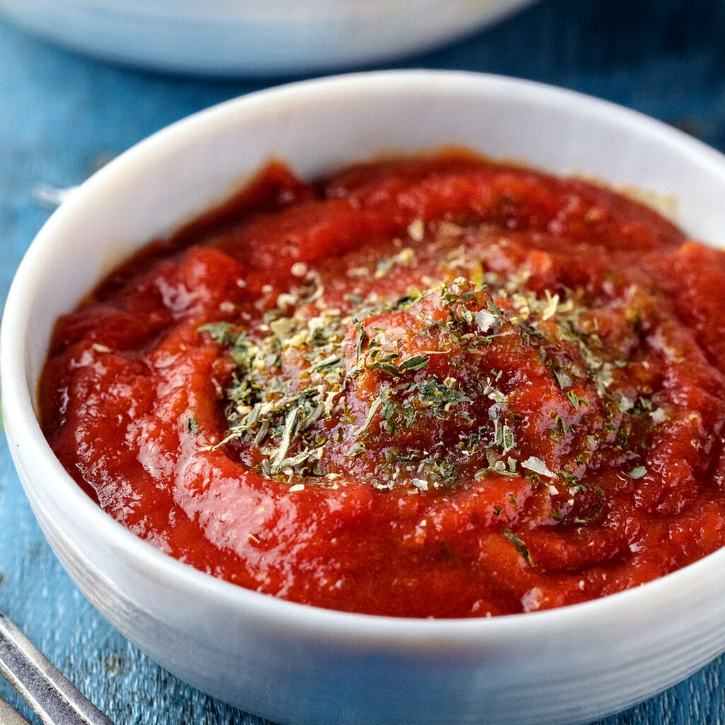 Hvid skål med fyldig rød tomatsauce, drysset med tørrede krydderurter på blåt træbord