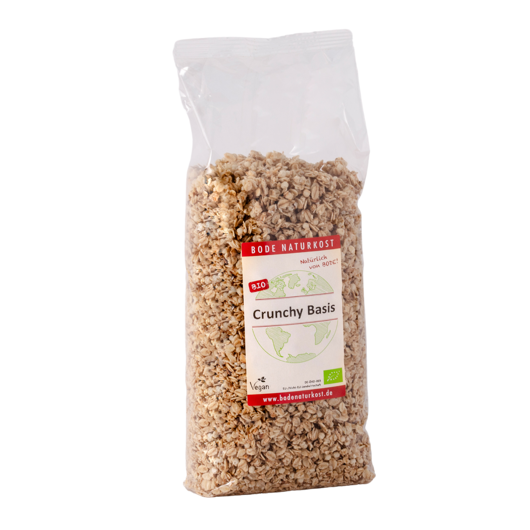 Tüte Crunchy Basis Müsli von Bode Naturkost in transparenter Verpackung mit Bio- und Vegan-Label