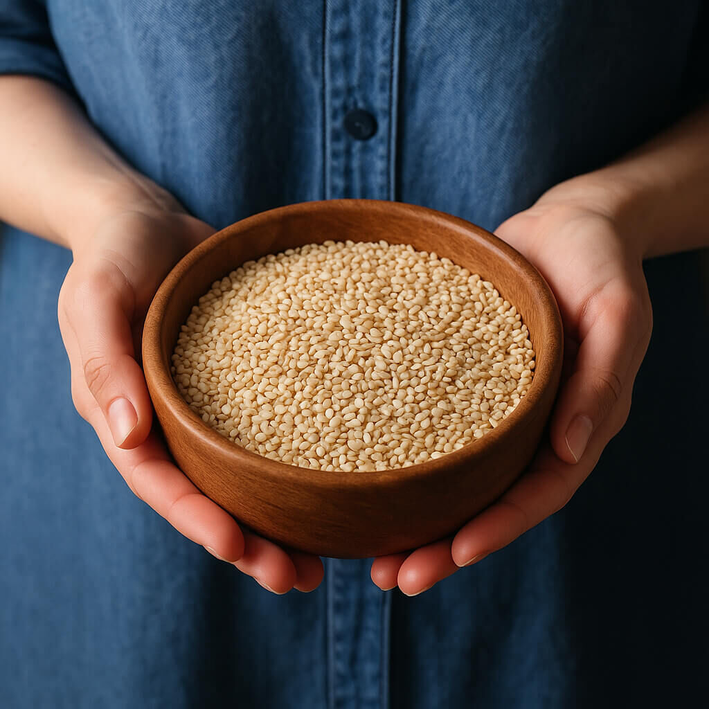 Close-up of hands holding wooden bowl of sesame seeds
