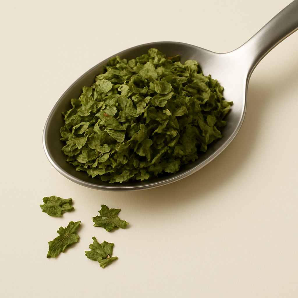 Close-up of dried parsley leaves on a metal spoon