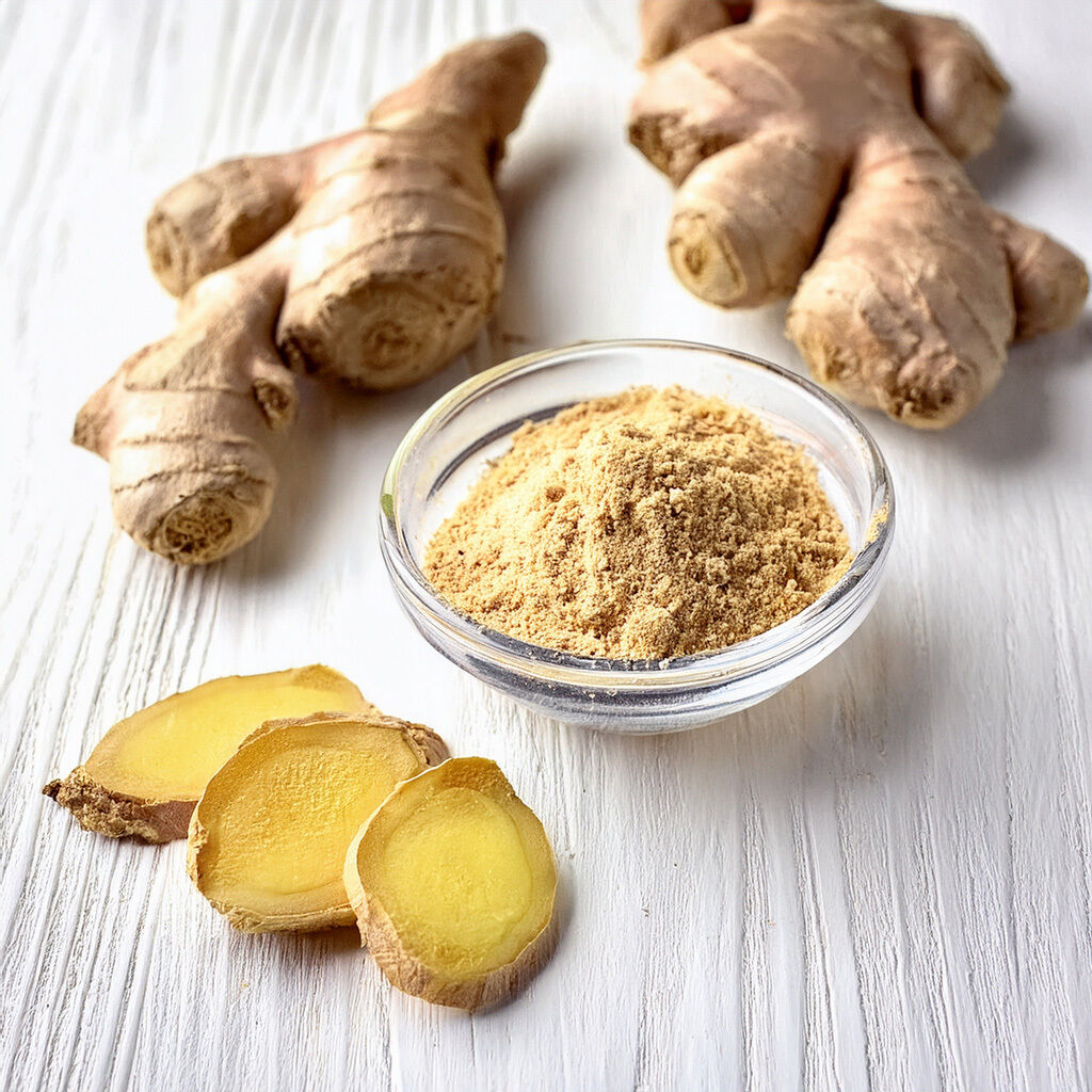 Frisk ingefærrod med skiver og ingefærpulver i en glasbowle på hvidt træbord