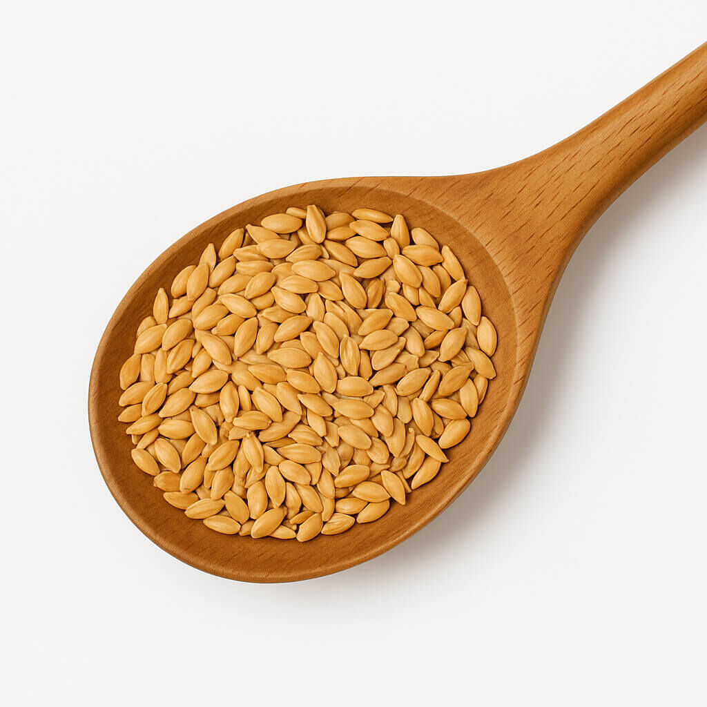 Top view of wooden spoon filled with golden grains