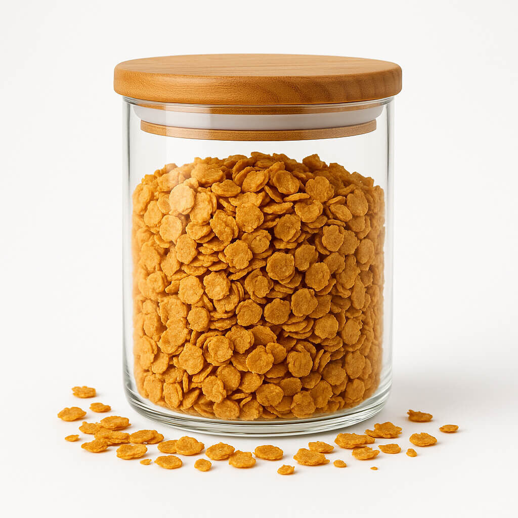 Clear glass storage jar filled with cereal flakes