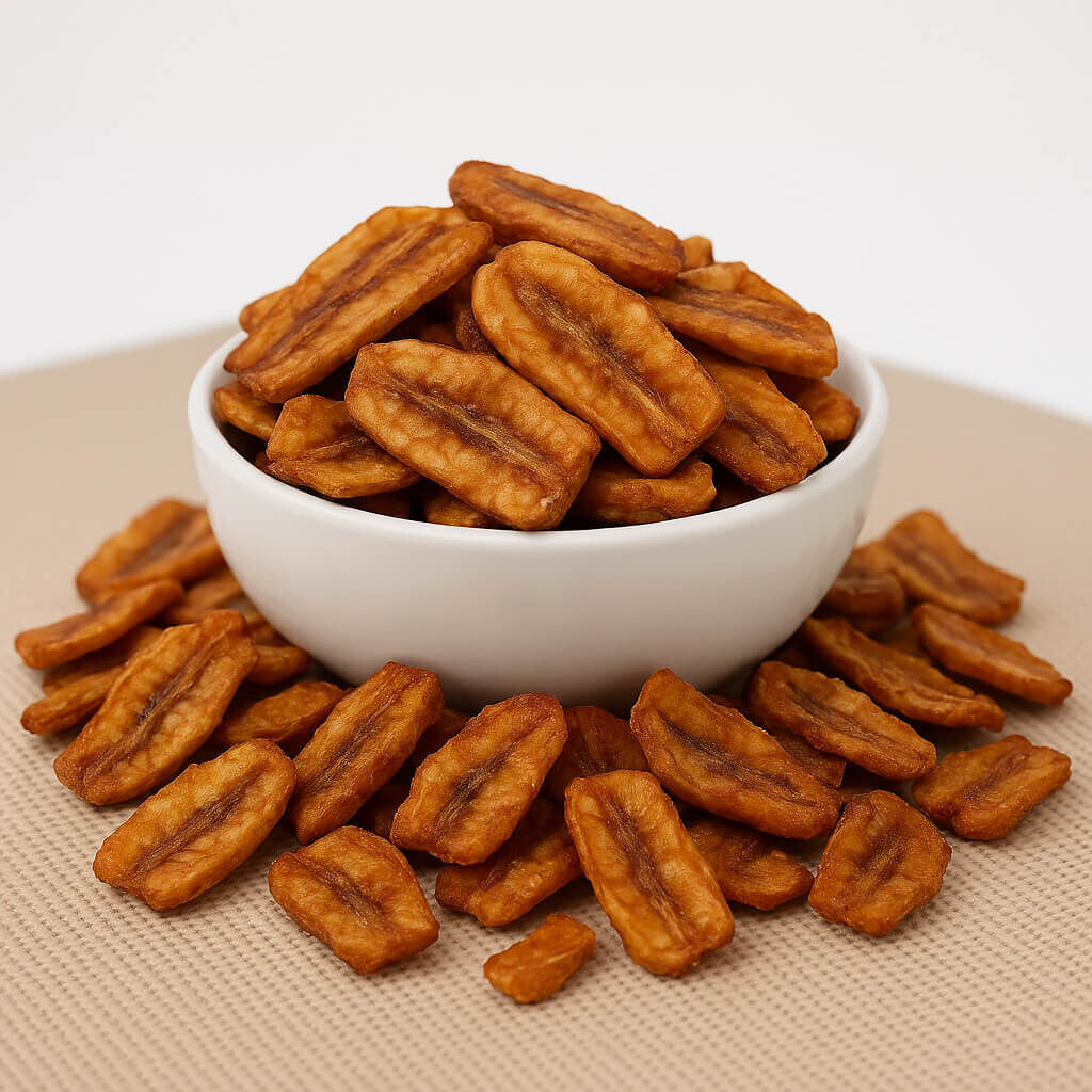 Bowl of crunchy dried banana chips on table