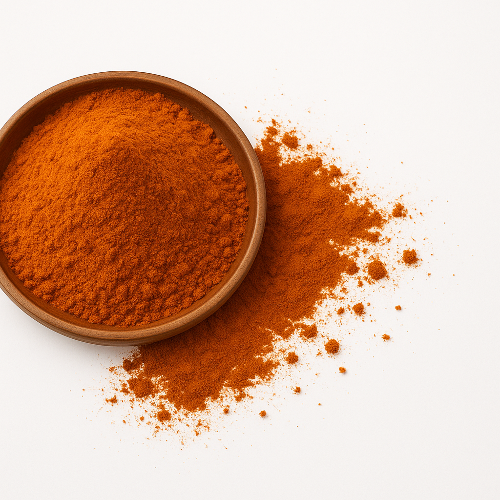 Nærbillede af fint, rødt paprikapulver i en rund træskål med drys udenfor på hvid baggrund