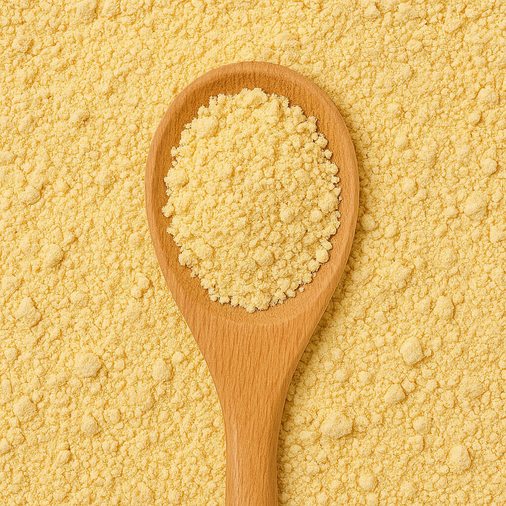 Wooden spoon with yellow semolina powder