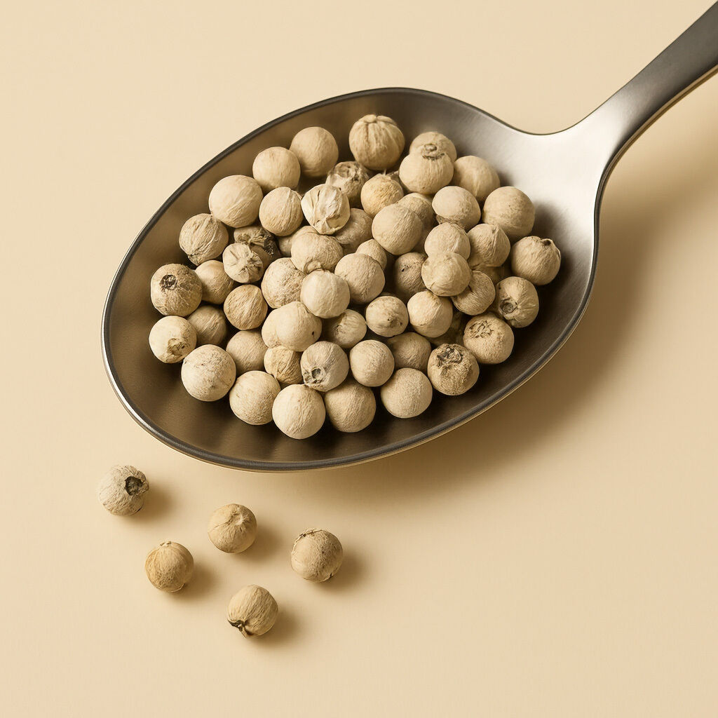 A spoon filled with white peppercorns on a beige background