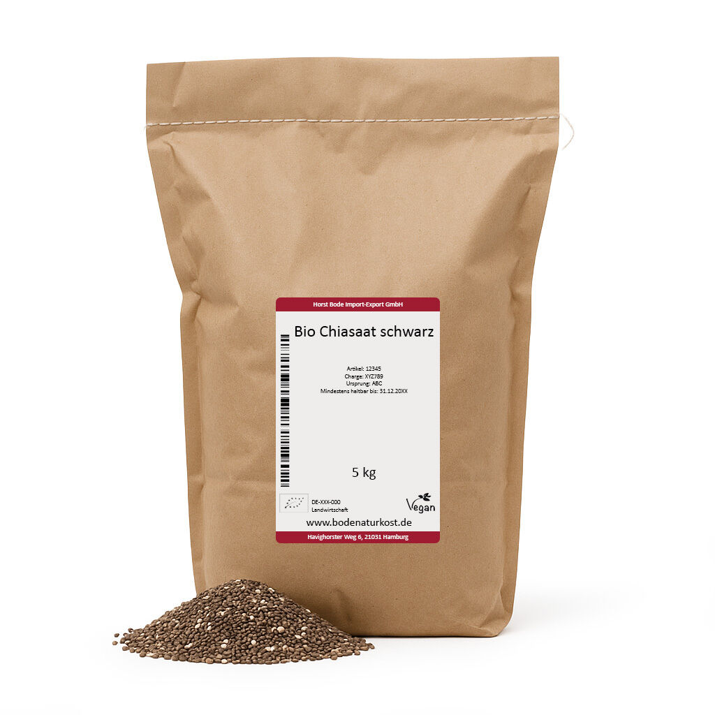 5 kg kraft paper bag of organic black chia seeds with pile