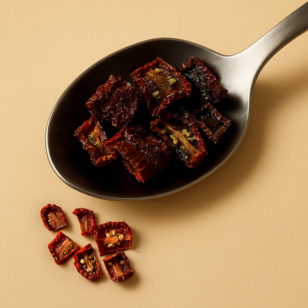 Close-up of sun-dried tomato pieces in a black spoon
