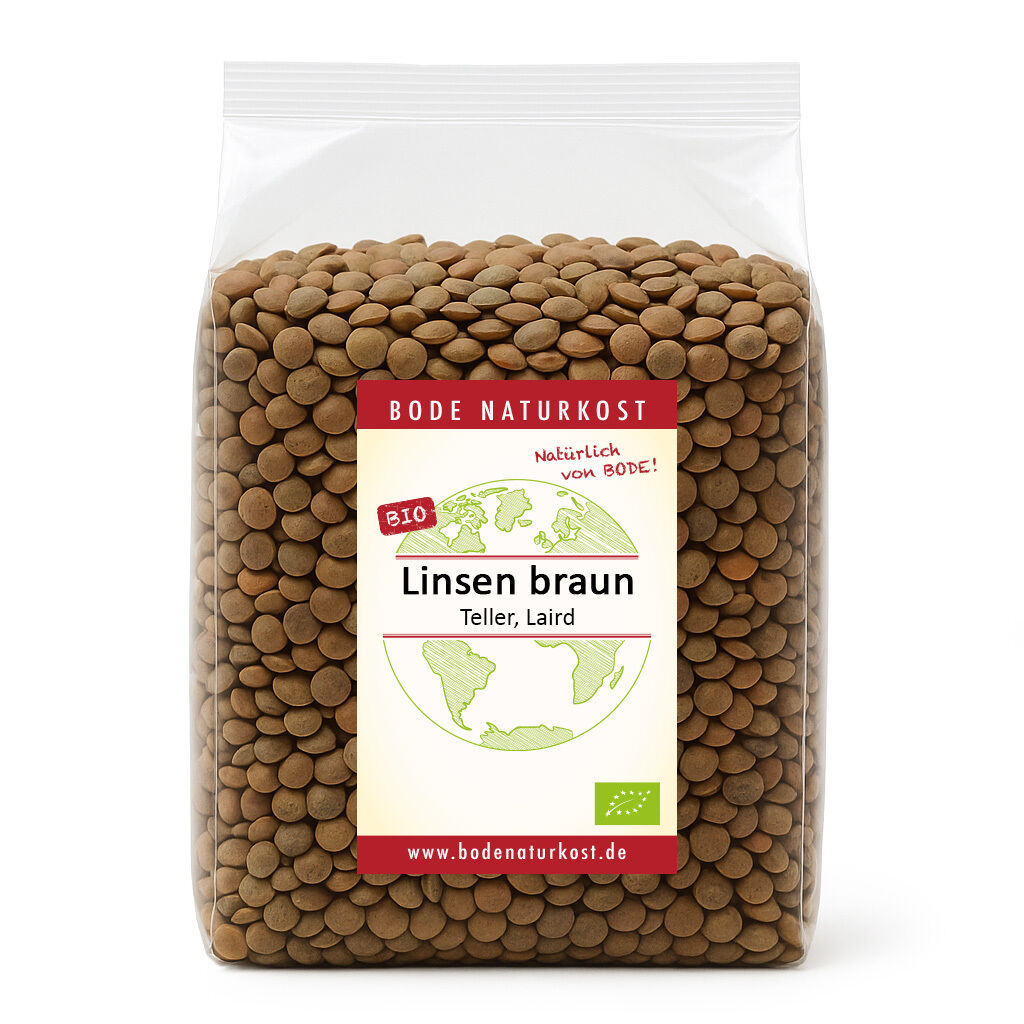 Clear bag of organic brown lentils with label
