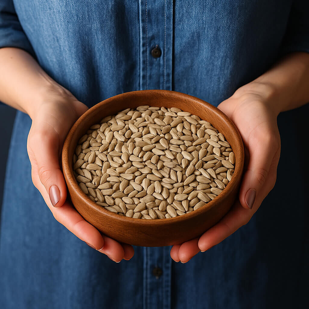 Wooden bowl of hulled sunflower seeds held by hands