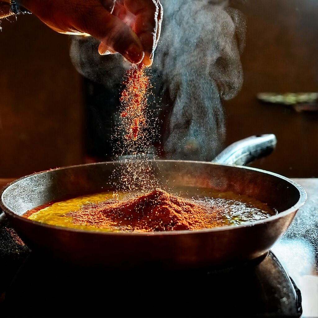 A close-up view of spices being added to a sizzling dish in a pan