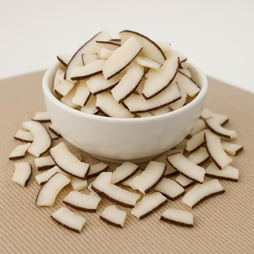 Dried coconut chips in a white bowl
