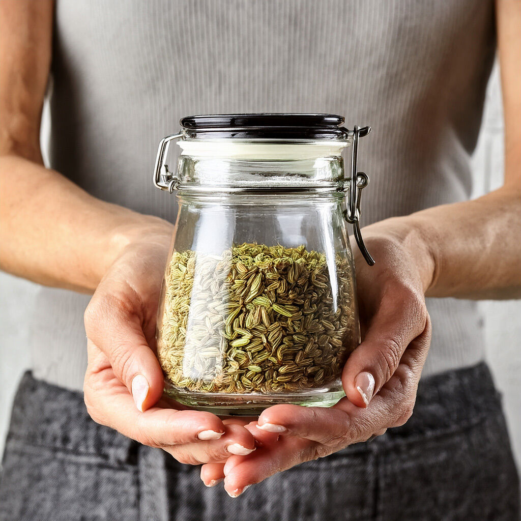 Nærbillede af hænder, der holder en klar glasbeholder med patentlåg fyldt med fennikelfrø.