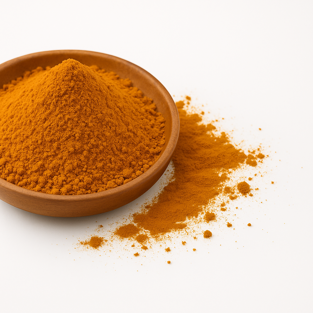 Nærbillede af gyldent gurkemejepulver i en rund træskål med lidt spildt pulver omkring på hvid baggrund