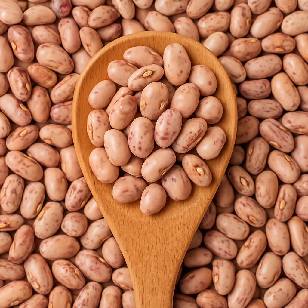 Close-up of dried pinto beans in a wooden spoon