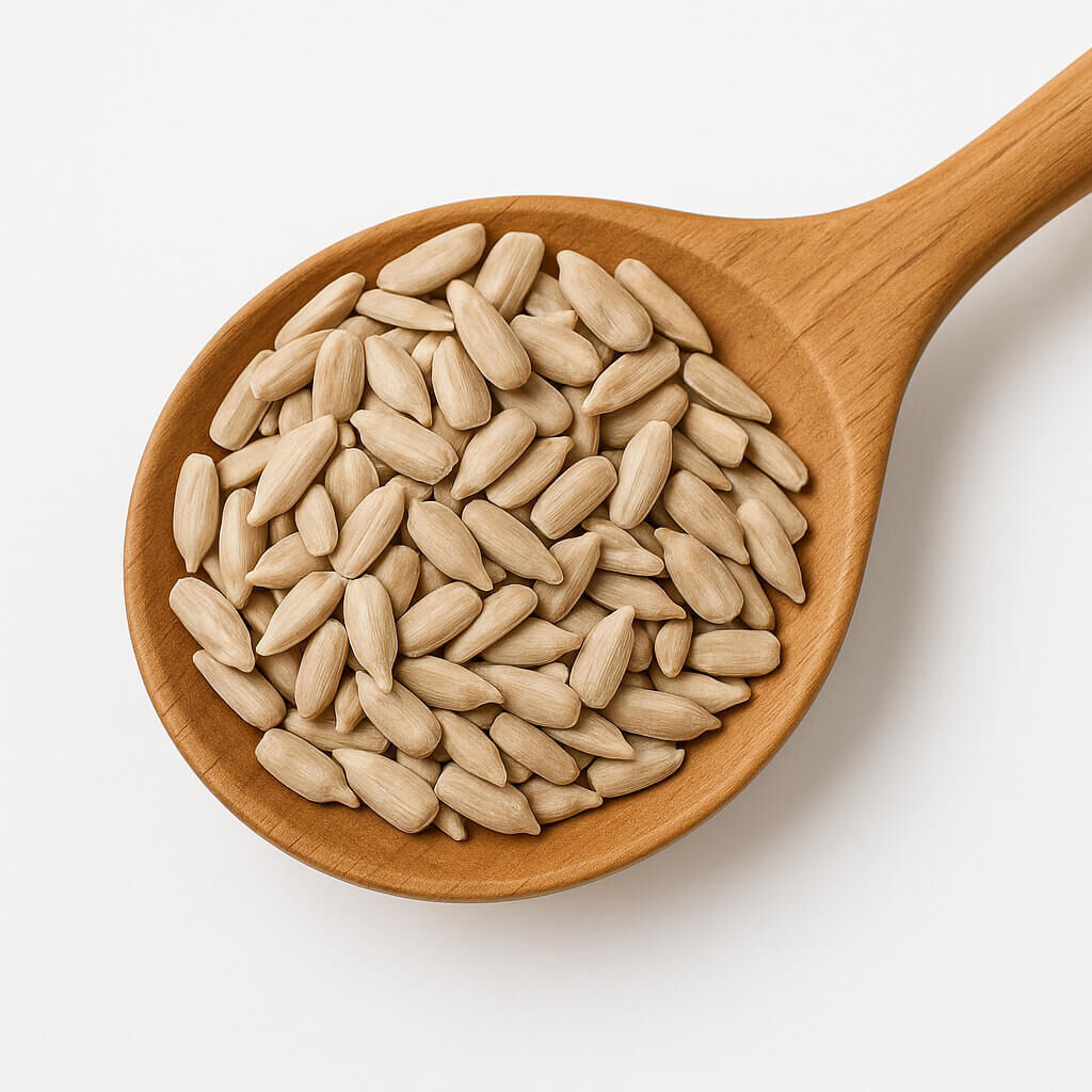 Close-up of shelled sunflower seeds on wooden spoon
