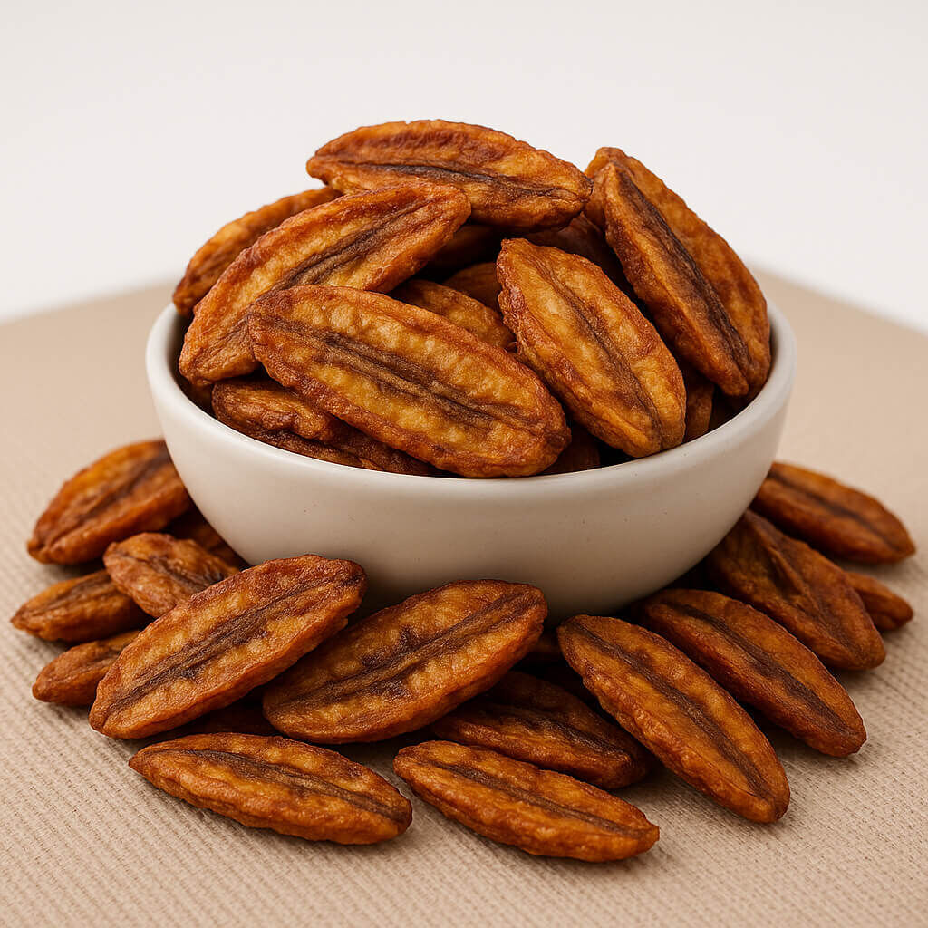 Dried banana snack bowl on beige placemat