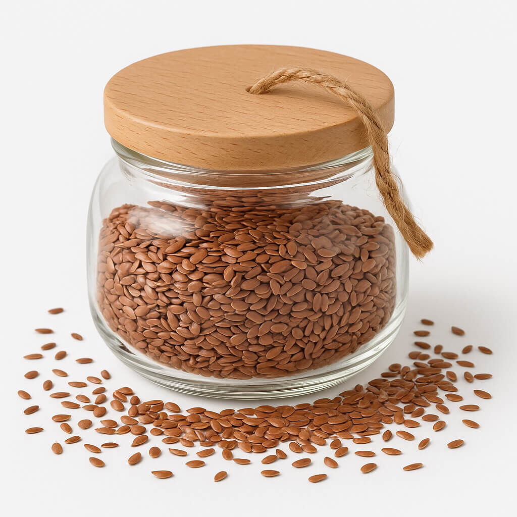 Glass jar of brown flaxseeds with wooden lid