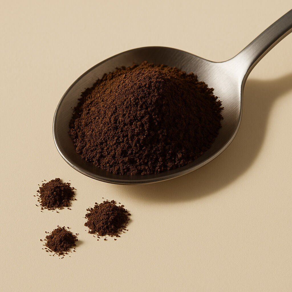 Nærbillede af formalet kaffe i en mørk metalske med tre små bunker kaffe ved siden af på en beige baggrund