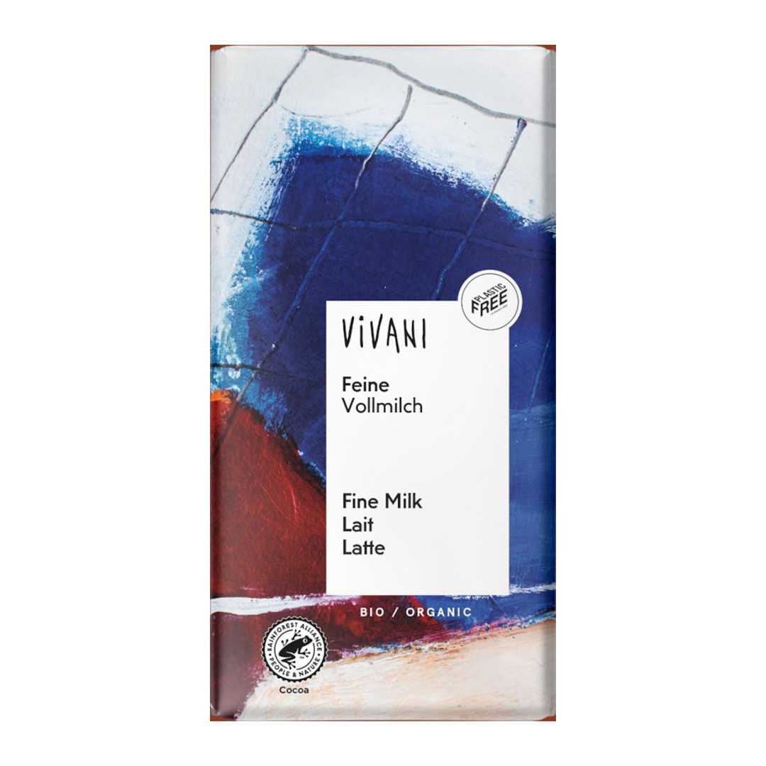 Forside af Vivani chokoladeplade med abstrakt blå og rød emballage, hvid etiket med teksten 'Feine Vollmilch / Fine Milk', plastfri mærkat og økologisk logo.