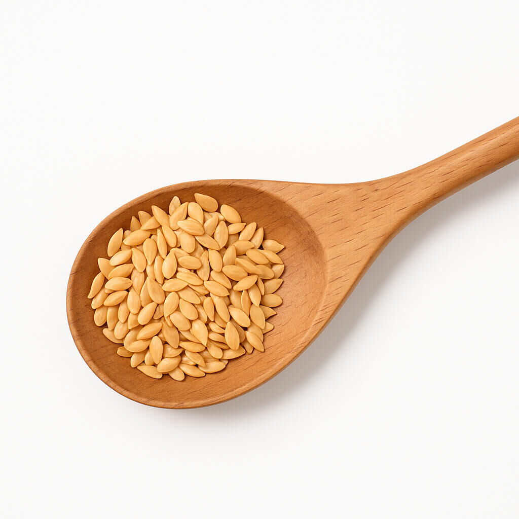 Close-up of golden linseeds in wooden spoon