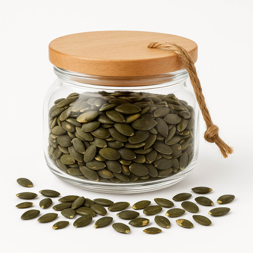 Jar of green pumpkin seeds on white background