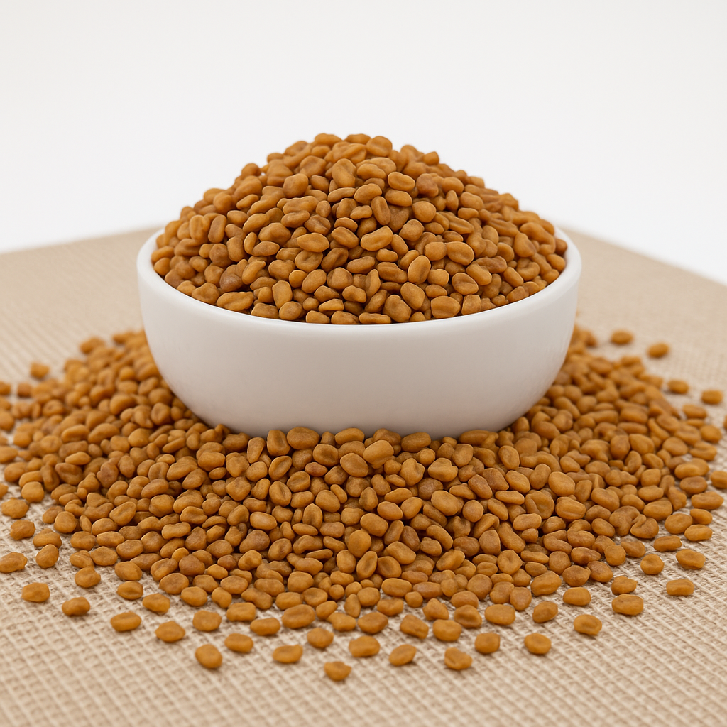 Hvid keramikskål fyldt med gyldne brune bukkehornsfrø, med frø spredt omkring på et vævet stofunderlag.