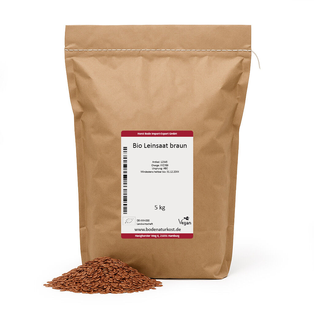 Pile of brown flaxseeds and 5kg kraft paper bag