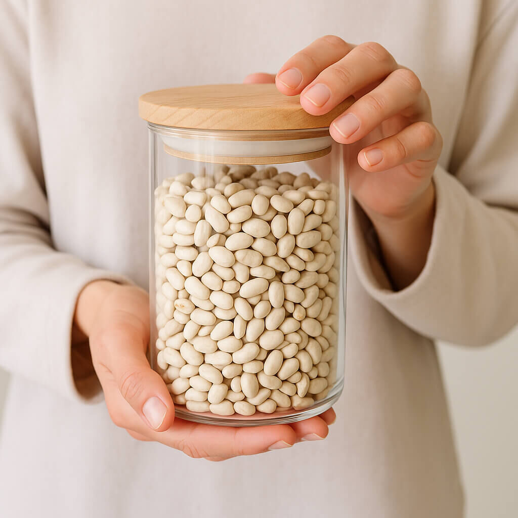 Glass jar of white beans held by hands
