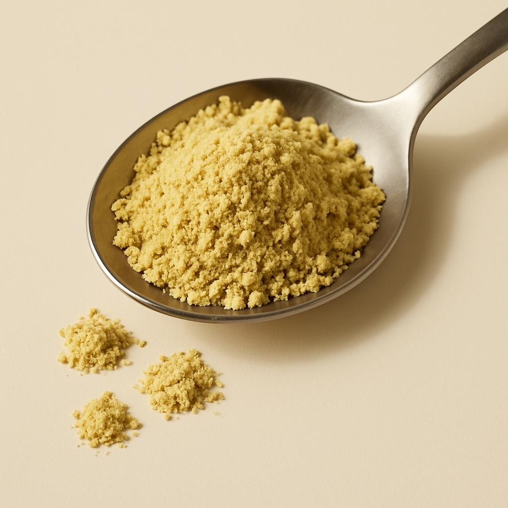 A close-up of organic nutritional yeast flakes on a metal spoon, great for adding flavor and nutrients to dishes.