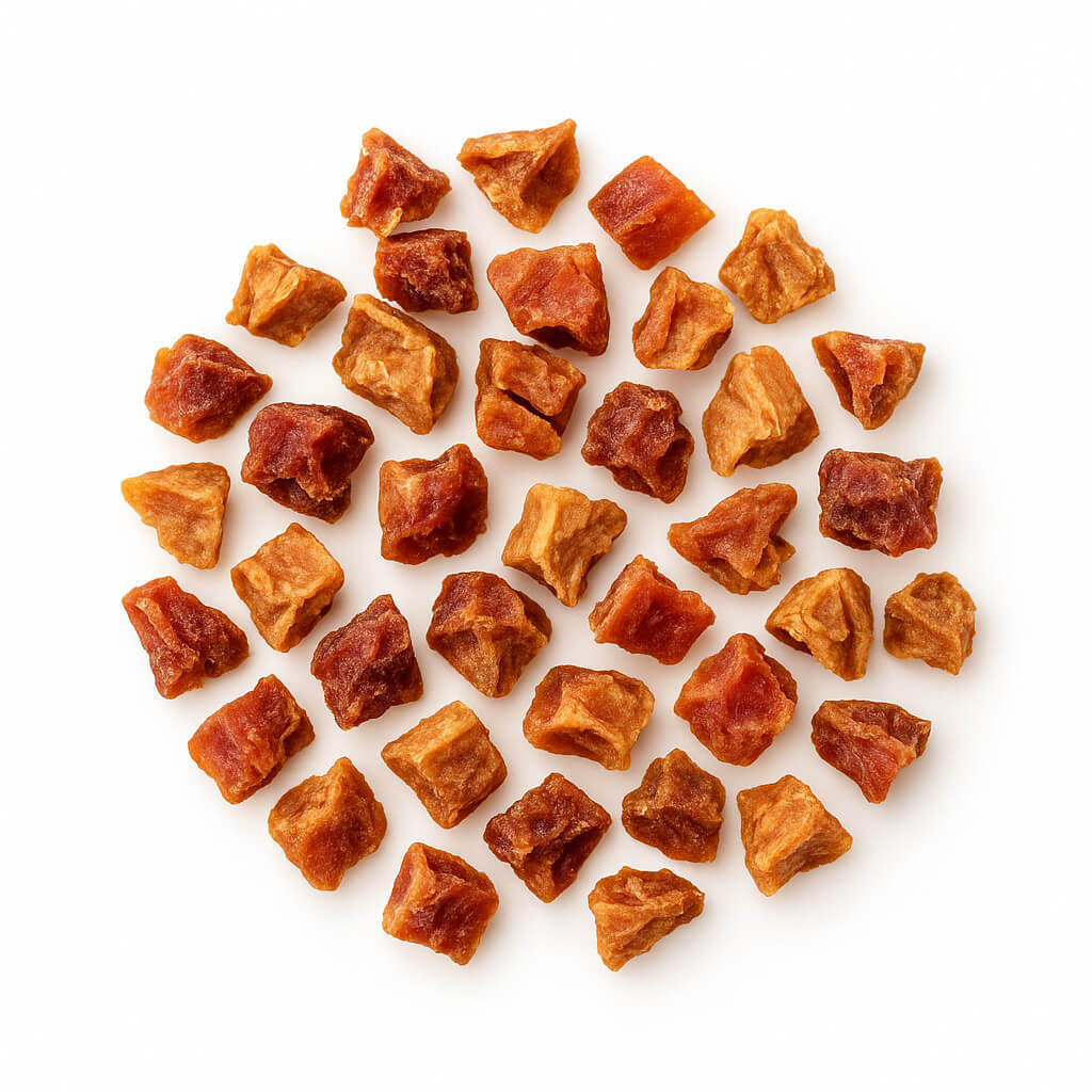 Close-up of small dried fruit cubes on white