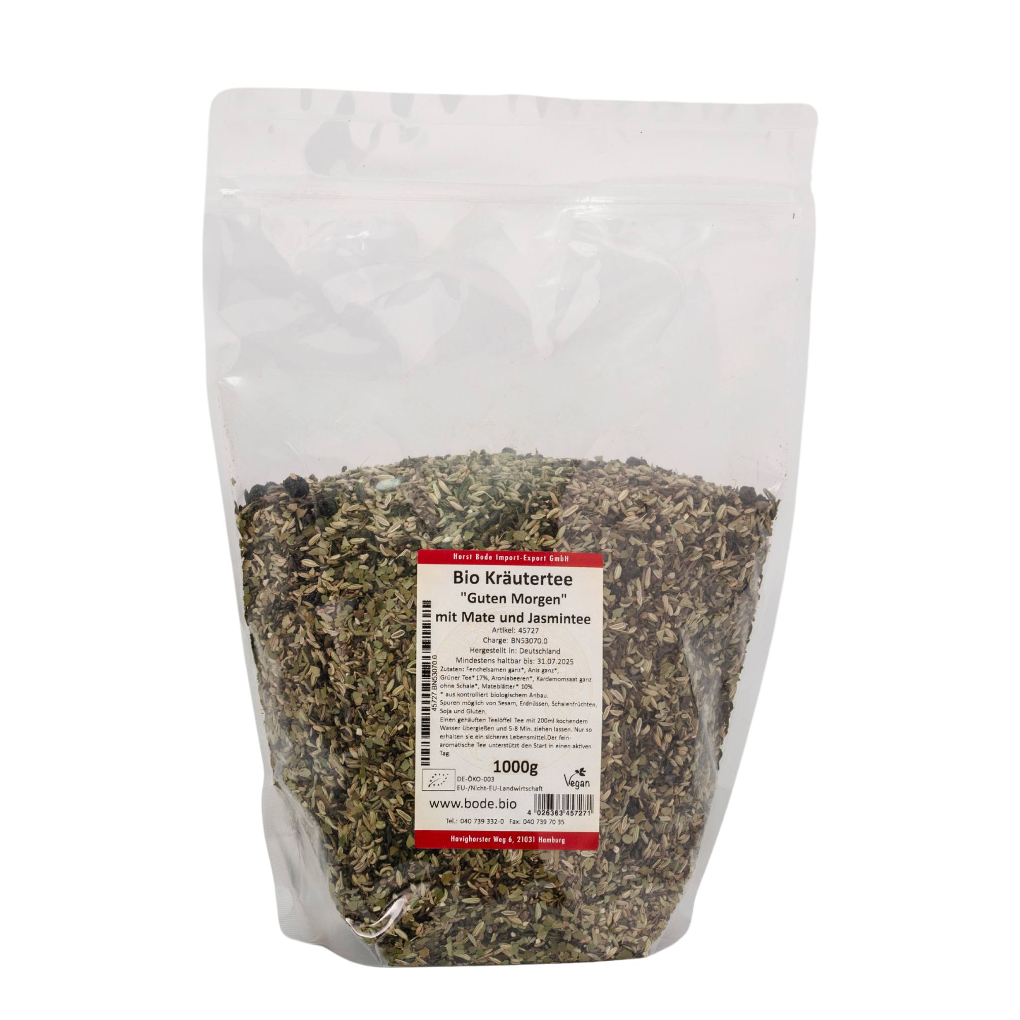 Genlukkelig pose med økologisk urtete 'Guten Morgen' med mate og jasmin, 1000 g, synlige tørrede blade