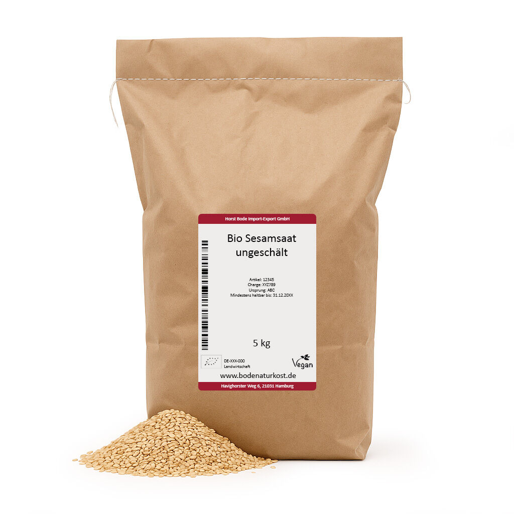 Brown paper 5 kg bag with organic unhulled sesame seeds