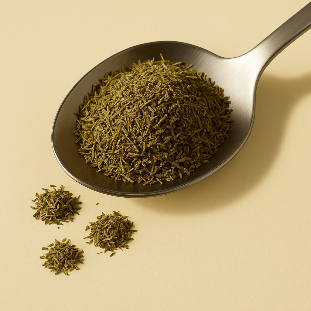 Metalske med en bunke finthakkede tørrede krydderurter på lysegul baggrund, med tre små bunker ved siden af