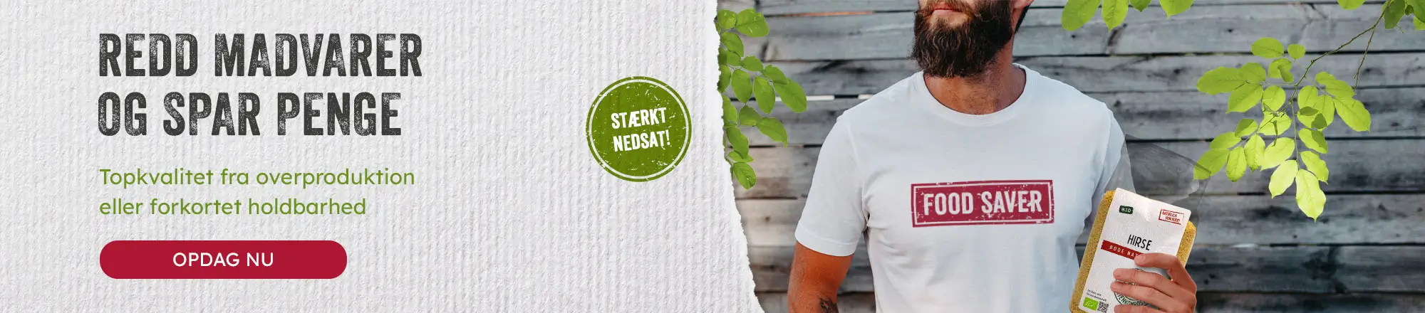 Mand med 'Food Saver'-t-shirt holder økologisk hirsepakke