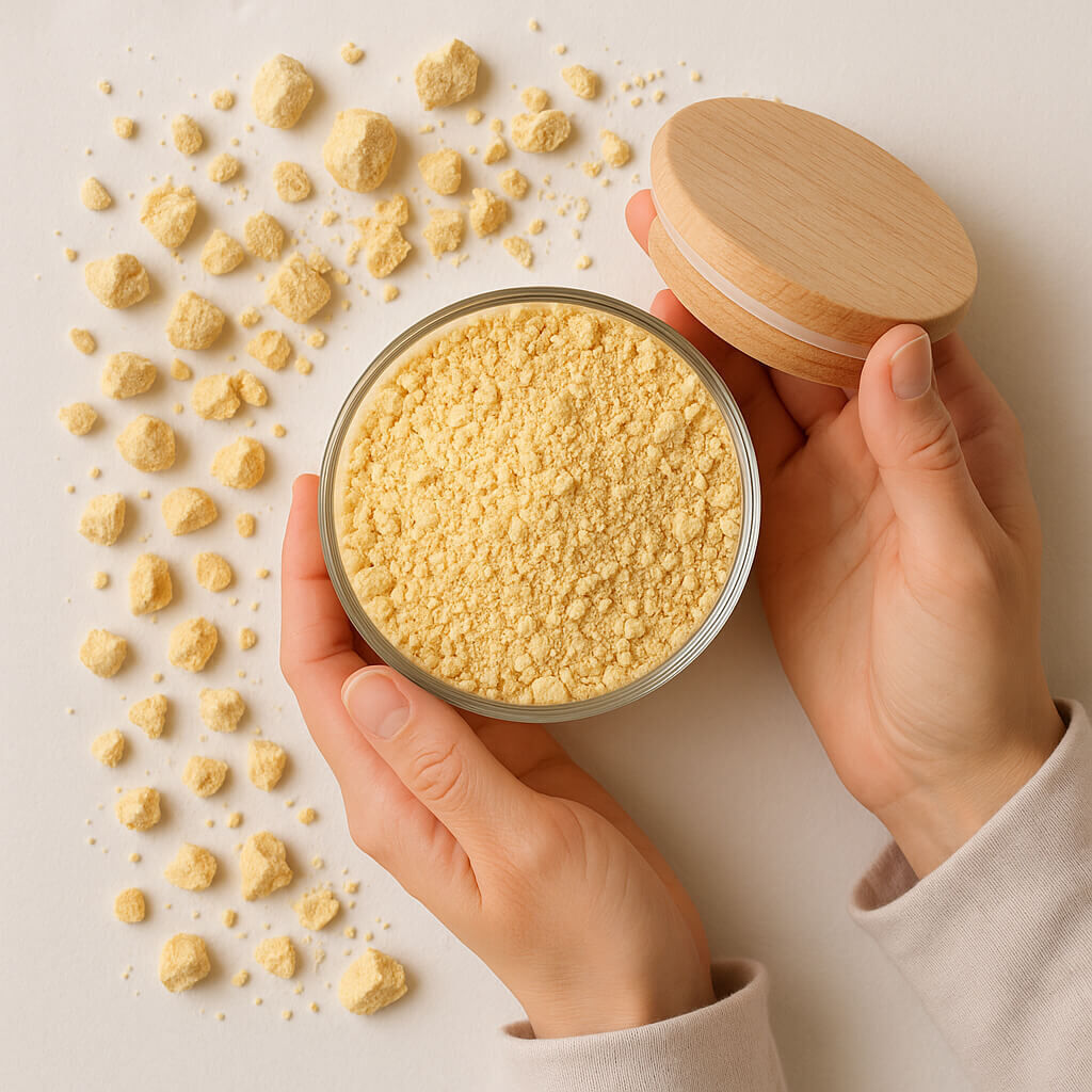 Open jar of yellow loose face powder with wooden lid