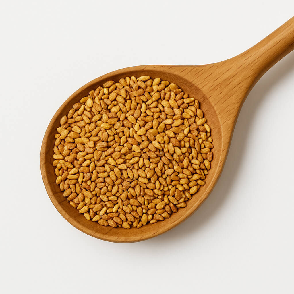 Close-up of toasted sesame seeds in wooden spoon