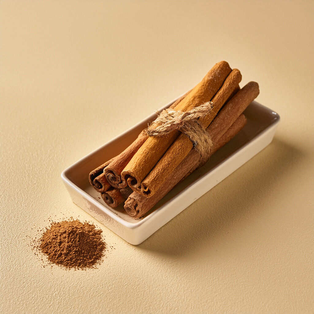 Nærbillede af kanelstænger bundtet med et naturfarvet reb i et lille hvidt fad, ved siden af en lille bunke kanelpulver på en beige overflade