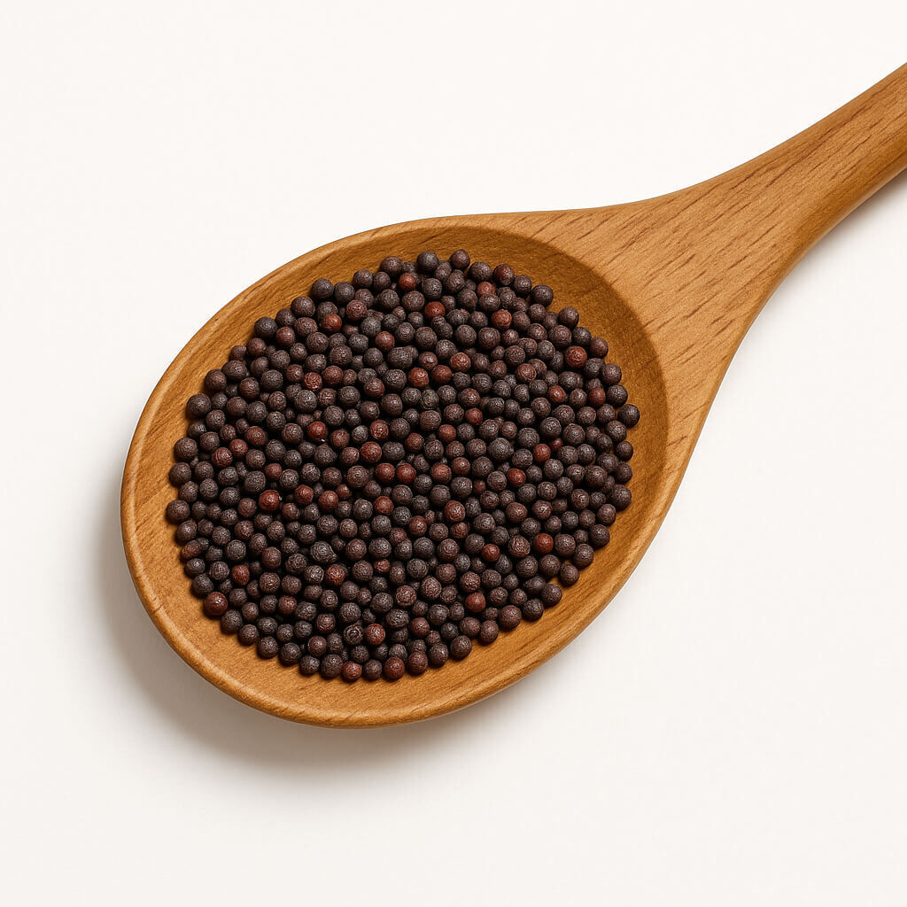 Wooden spoon with whole black mustard seeds