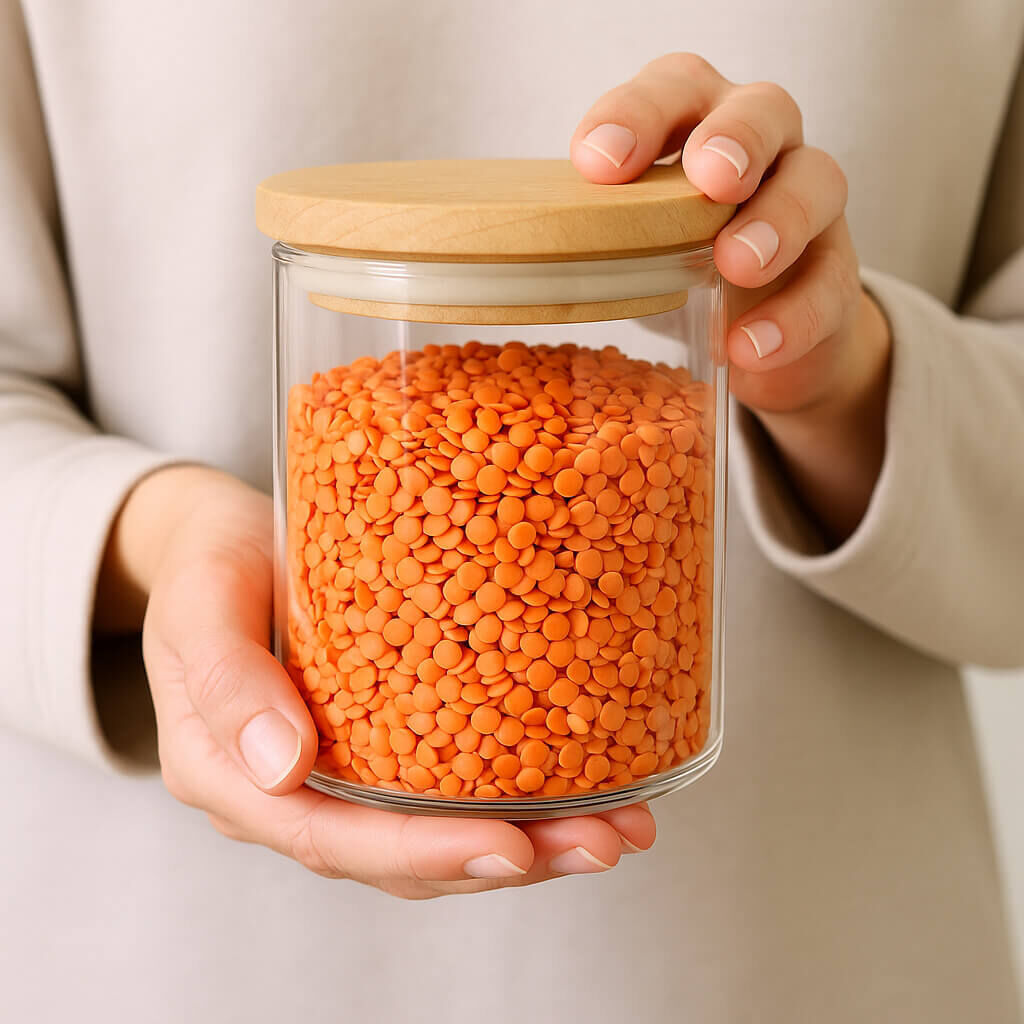Jar of red split lentils in a glass jar with wooden lid