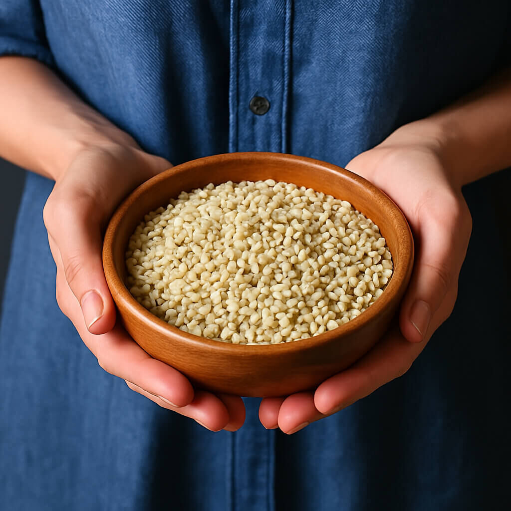 Close-up of hands holding a bowl of couscous