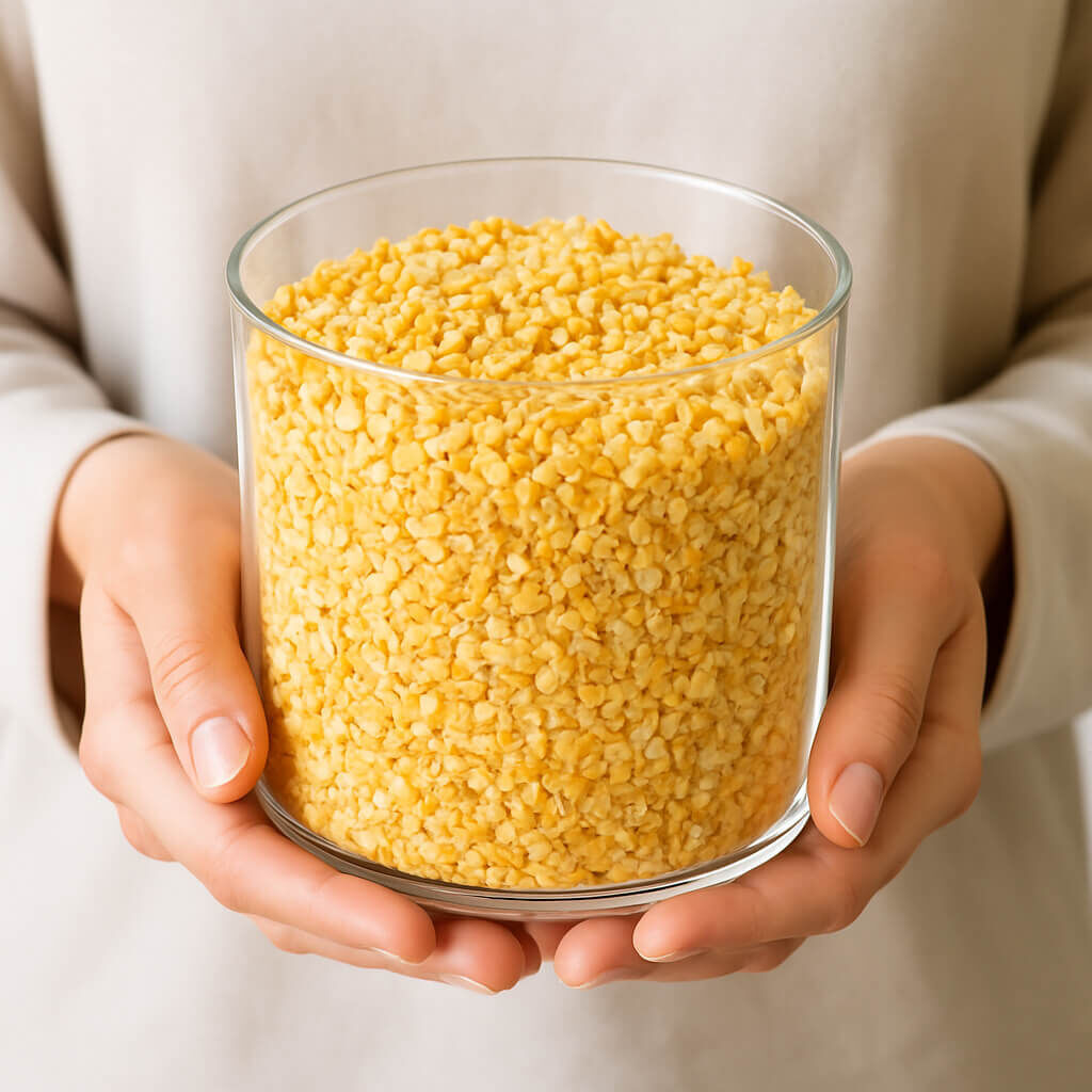 Hands holding glass jar of yellow split peas