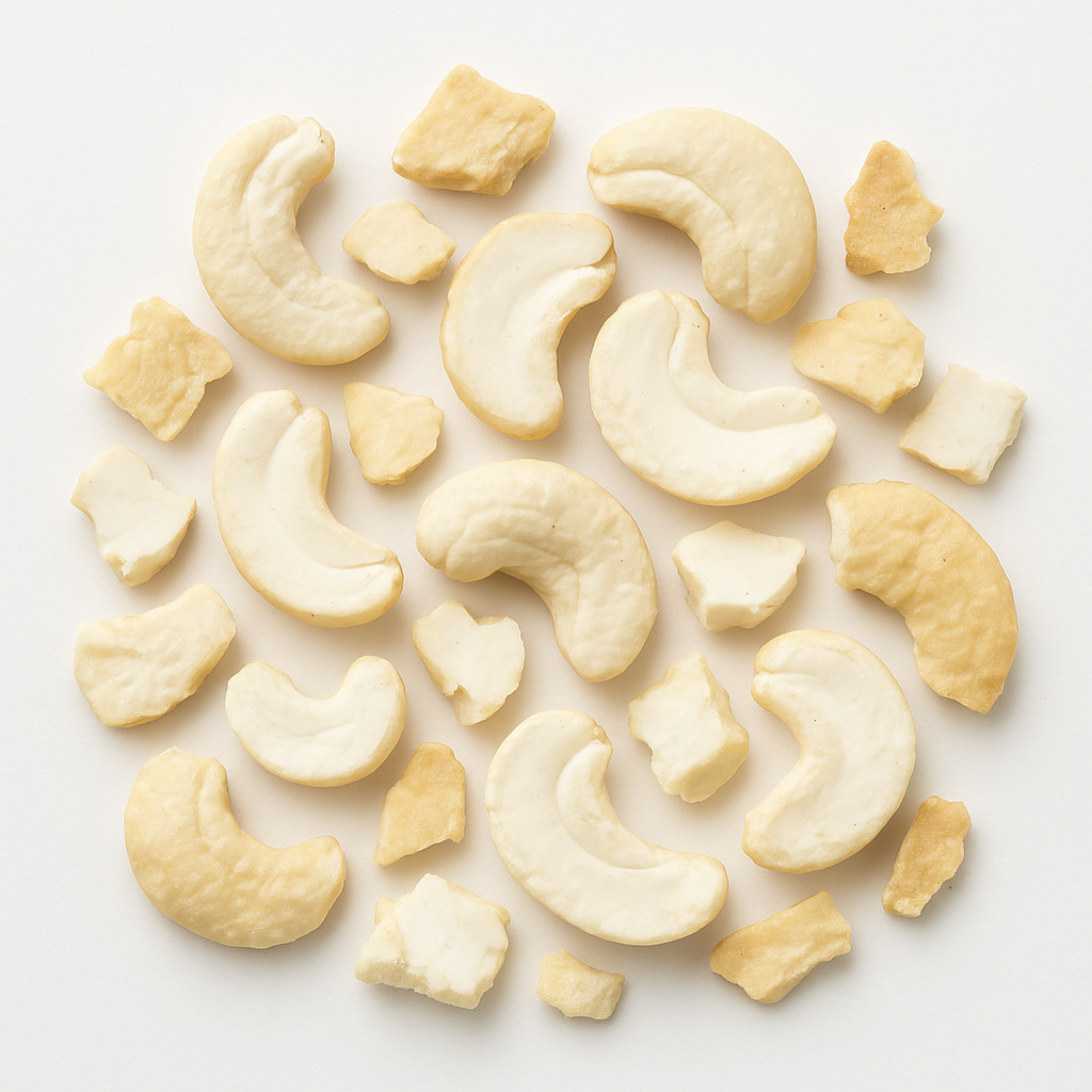 Raw cashew nuts and pieces on white background