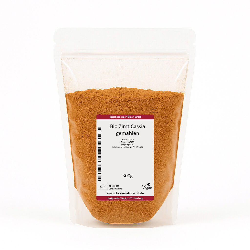 Genlukkelig gennemsigtig pose med 300 g økologisk cassia-kanel (malet), brunt pulver og hvid etiket med teksten 'Bio Zimt Cassia gemahlen'.
